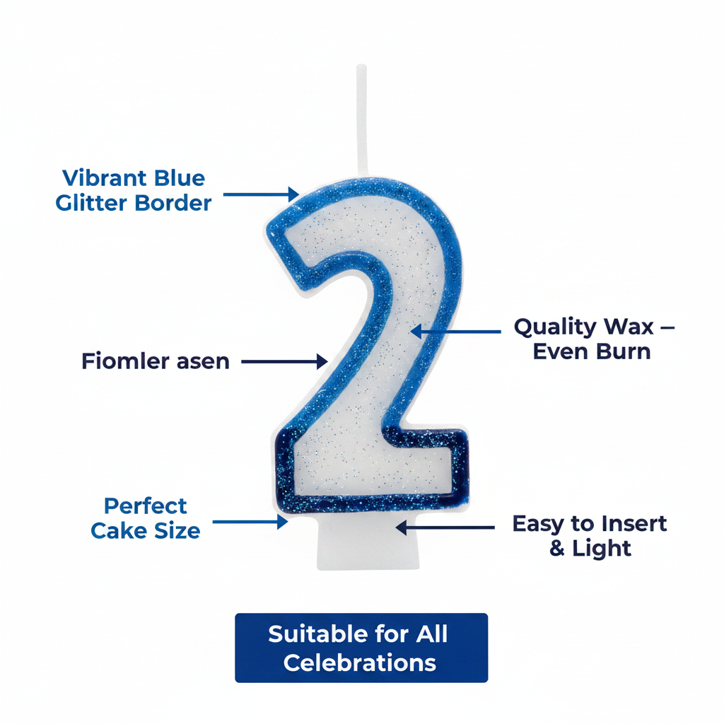 Blue Number 2 Birthday Candle feature infographic highlighting glitter border, quality wax, perfect size and ease of use - Why Not Shop