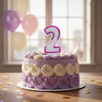 Pink glitter number 2 birthday candle on decorated birthday cake at a party table with natural window light