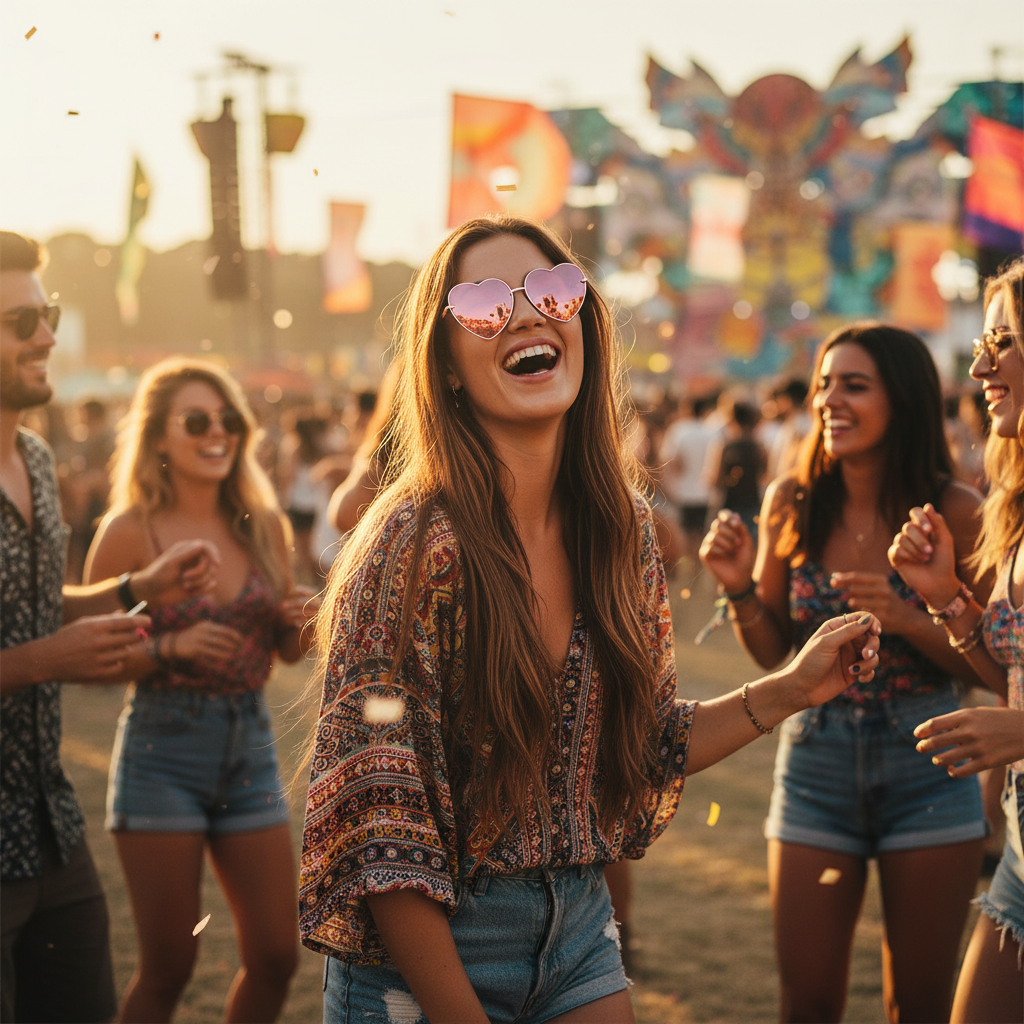 Woman wearing pink heart shaped fashion glasses at a summer festival - Why Not Shop