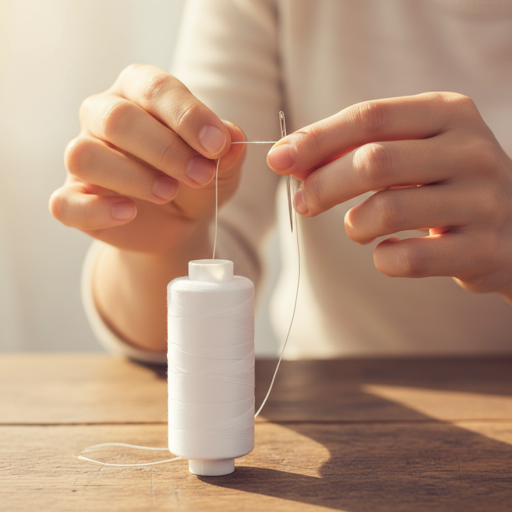 Close-up of hands threading a needle with white cotton thread from a sewing reel — authentic crafting moment