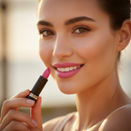 Confident woman with soft pink lips holding Laval Dawn Glow 38 matte black lipstick in golden hour light