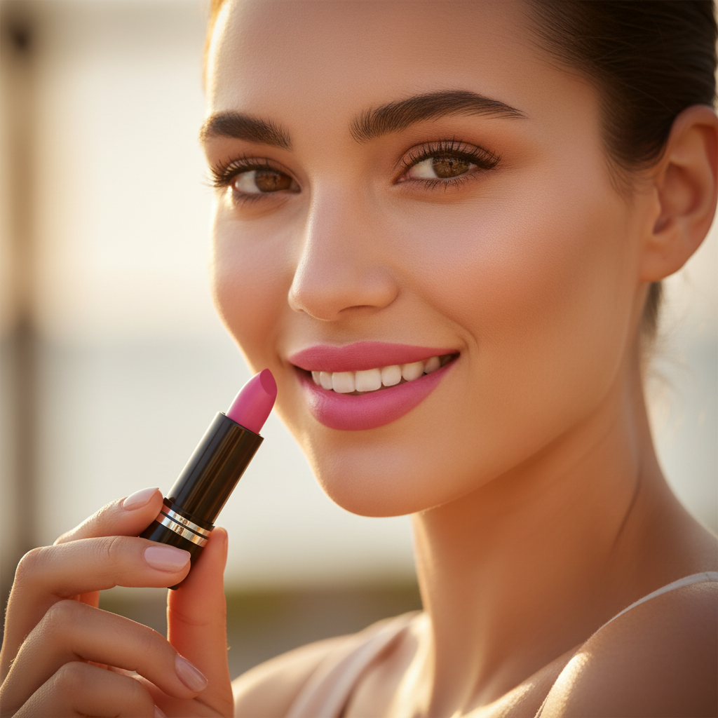 Confident woman with soft pink lips holding Laval Dawn Glow 38 matte black lipstick in golden hour light
