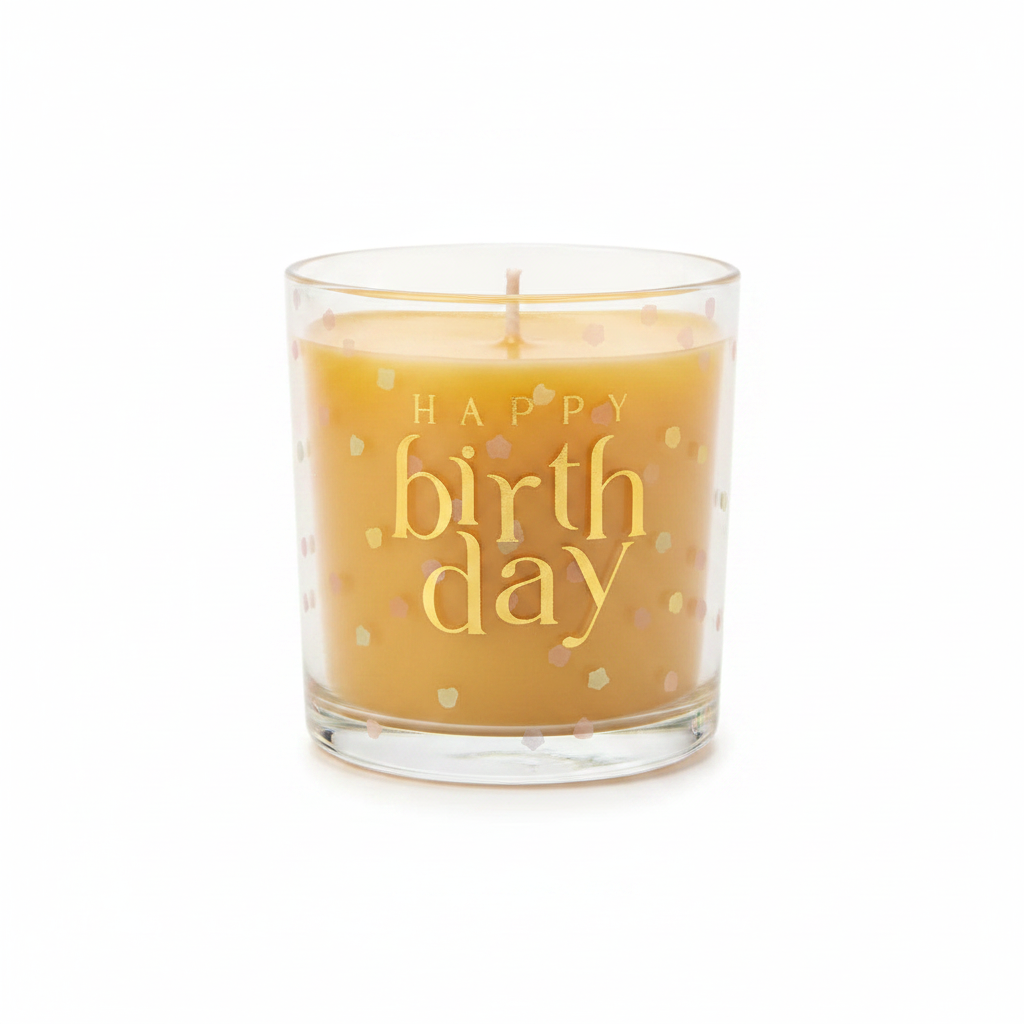 Happy Birthday Confetti Candle in clear glass jar with gold wax on white background — studio hero shot