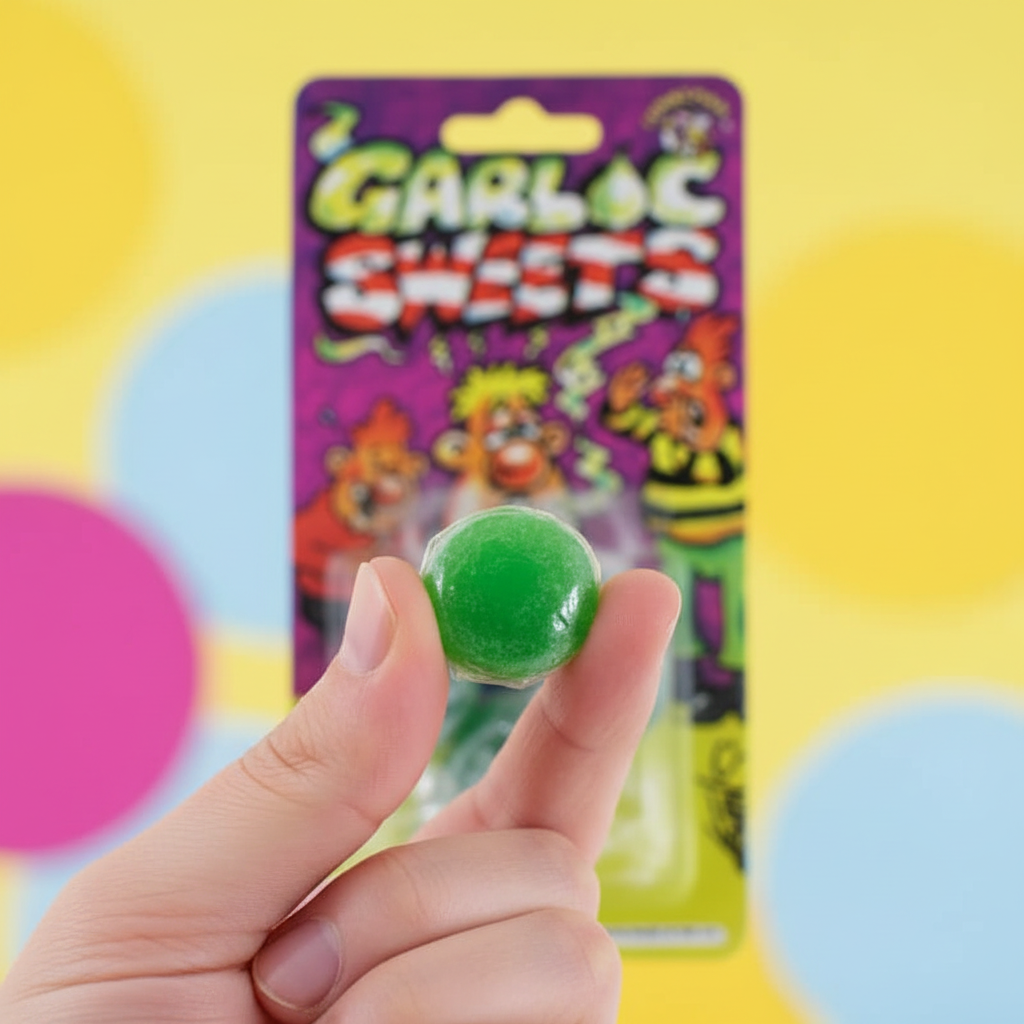 Hand holding green garlic sweet from Funnyman Garlic Sweets joke pack with packaging visible behind