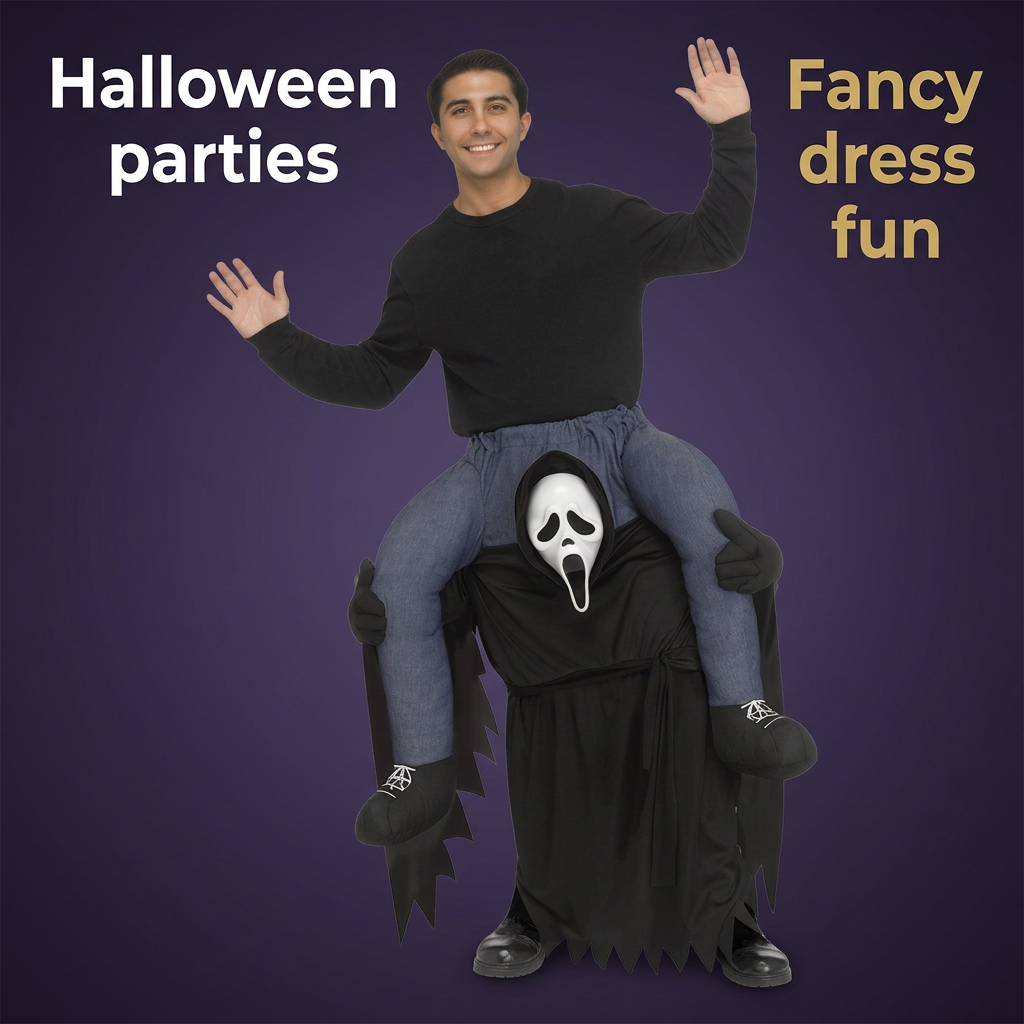 Adult modelling Ghost Face carry-me costume against purple background with Halloween party captions
