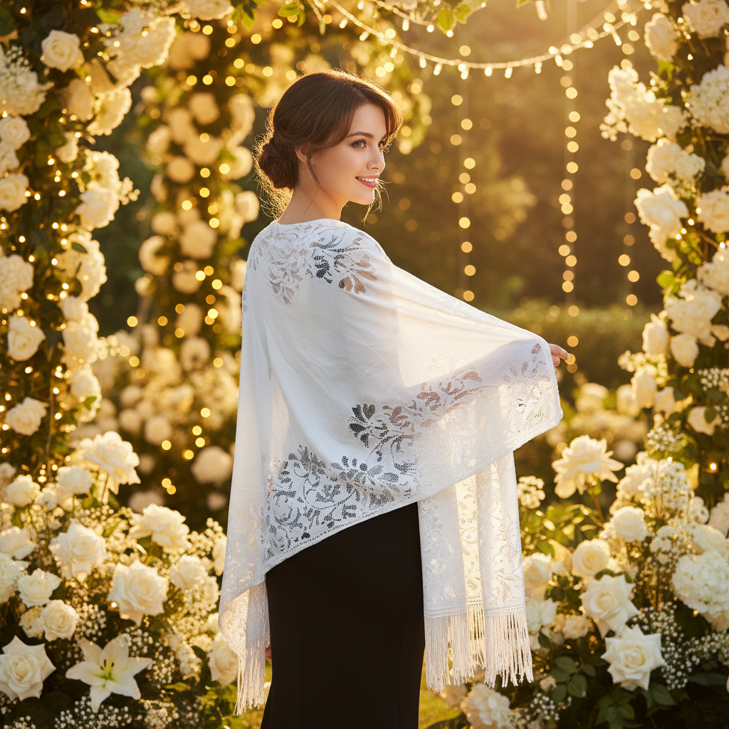 Elegant woman wearing white lace pashmina shawl at a summer garden party at golden hour