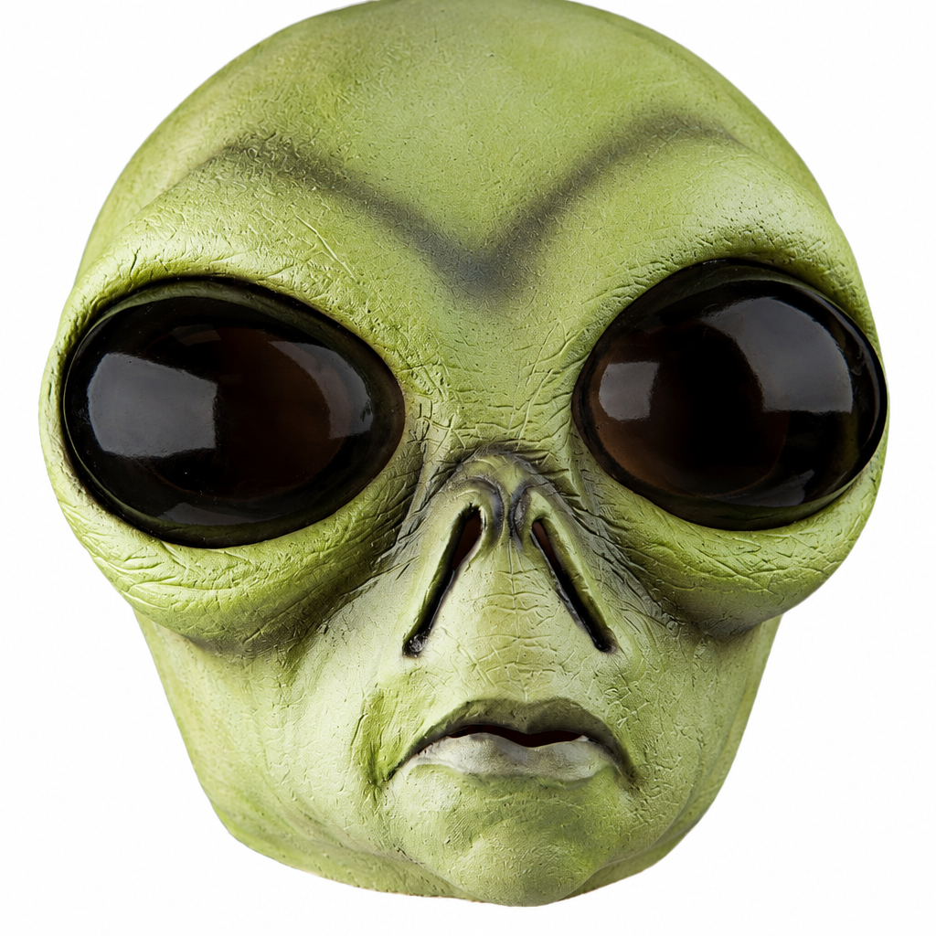 Close-up of green alien mask showing dark bulging eyes and moulded facial detail