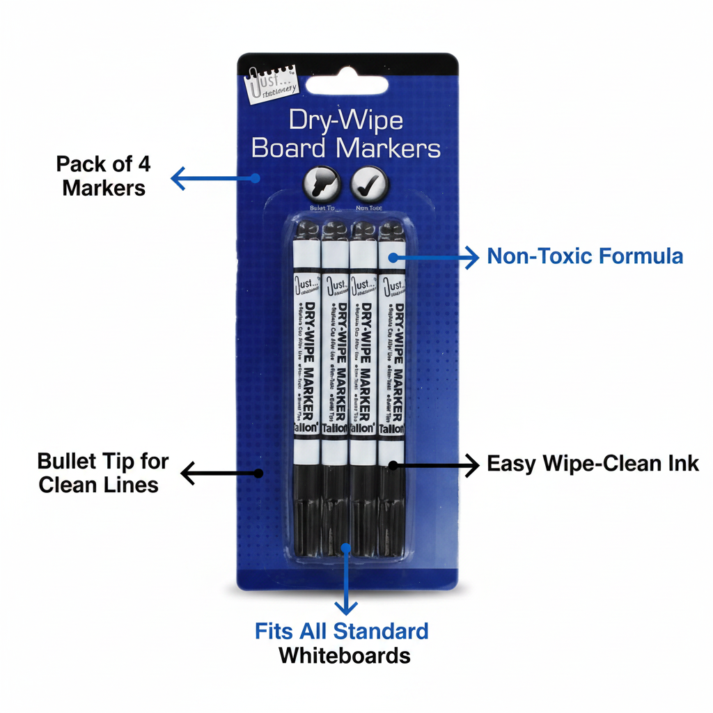 Tallon Dry Wipe Markers Pack of 4 feature infographic with callouts