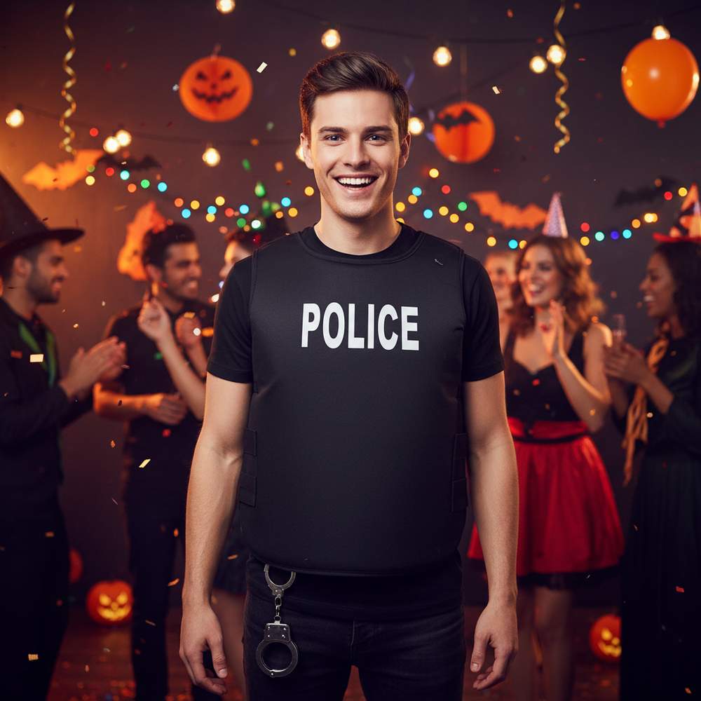 Person wearing police vest costume at Halloween party - lifestyle image showing fit and style