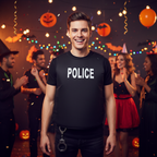 Person wearing police vest costume at Halloween party - lifestyle image showing fit and style