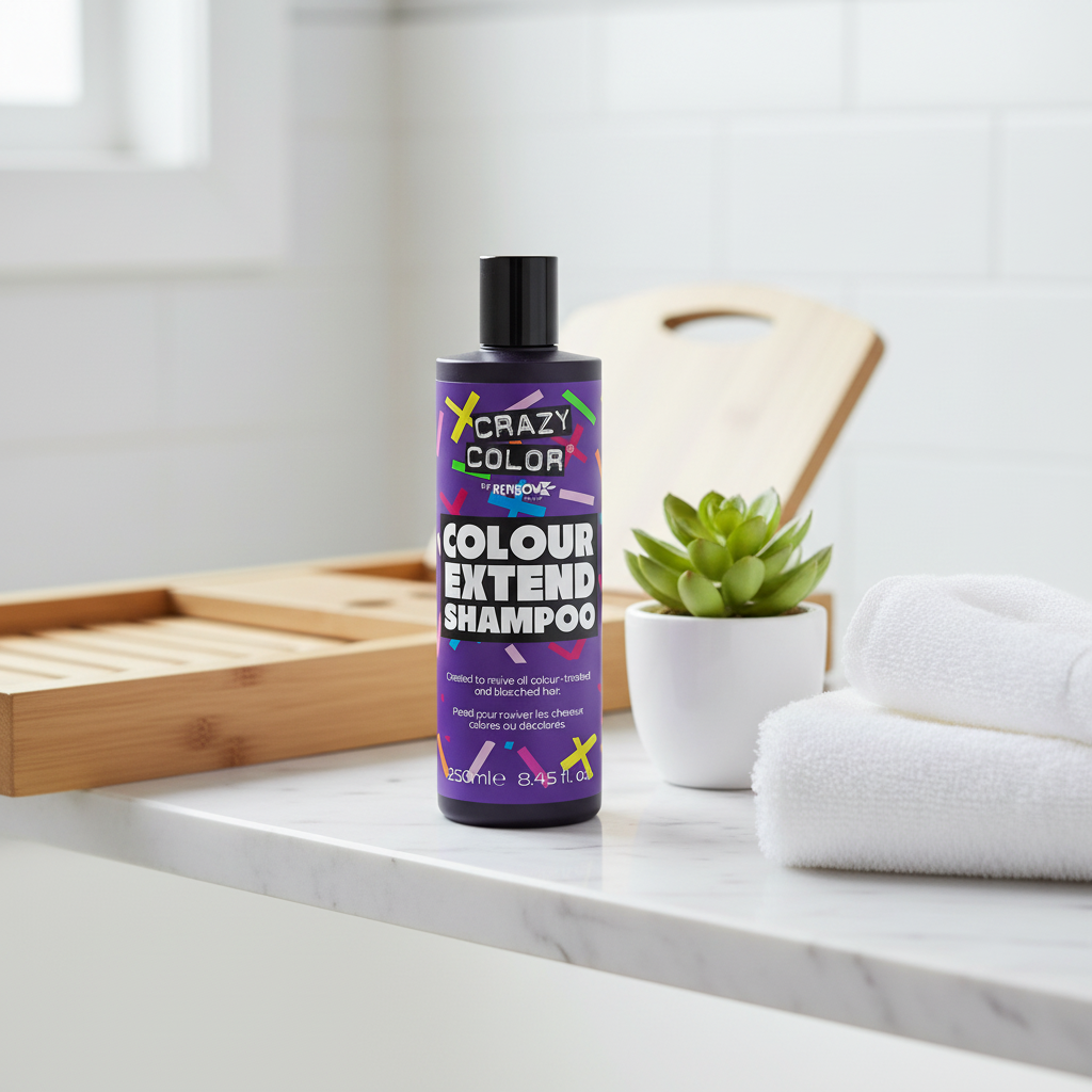 Crazy Color Colour Extend Shampoo 250ml styled on marble bathroom shelf with natural window light, interior lifestyle photography
