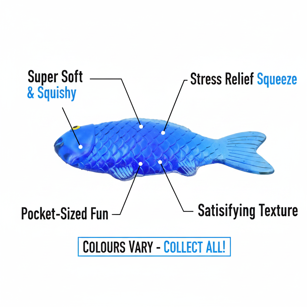 Sticky Fish Squishy Squeeze blue toy feature infographic highlighting stress relief, soft texture, pocket size and colour variety