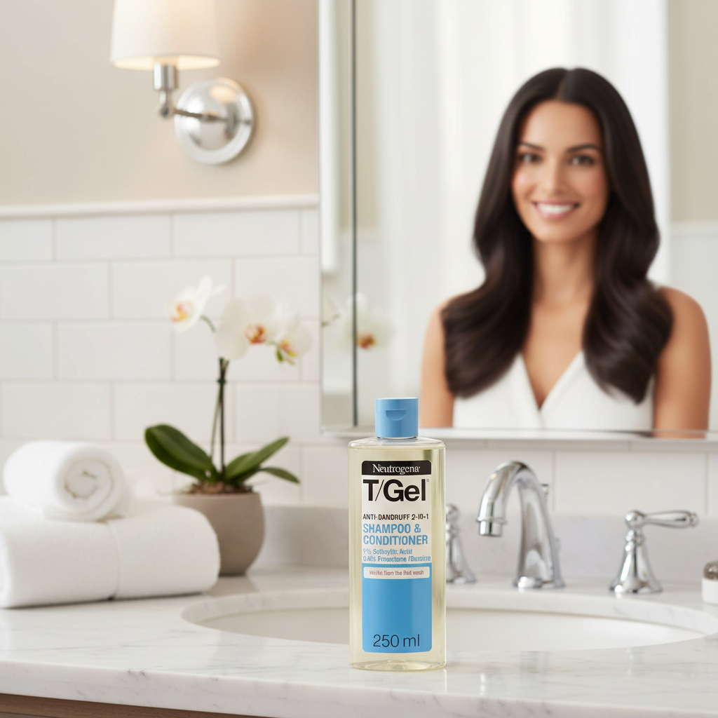 Neutrogena T/Gel 2-in-1 Anti-Dandruff Shampoo in luxury spa bathroom with woman showing healthy shiny hair