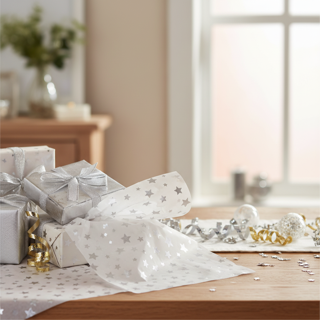 Silver star tissue paper styled on a Christmas celebration table with gifts