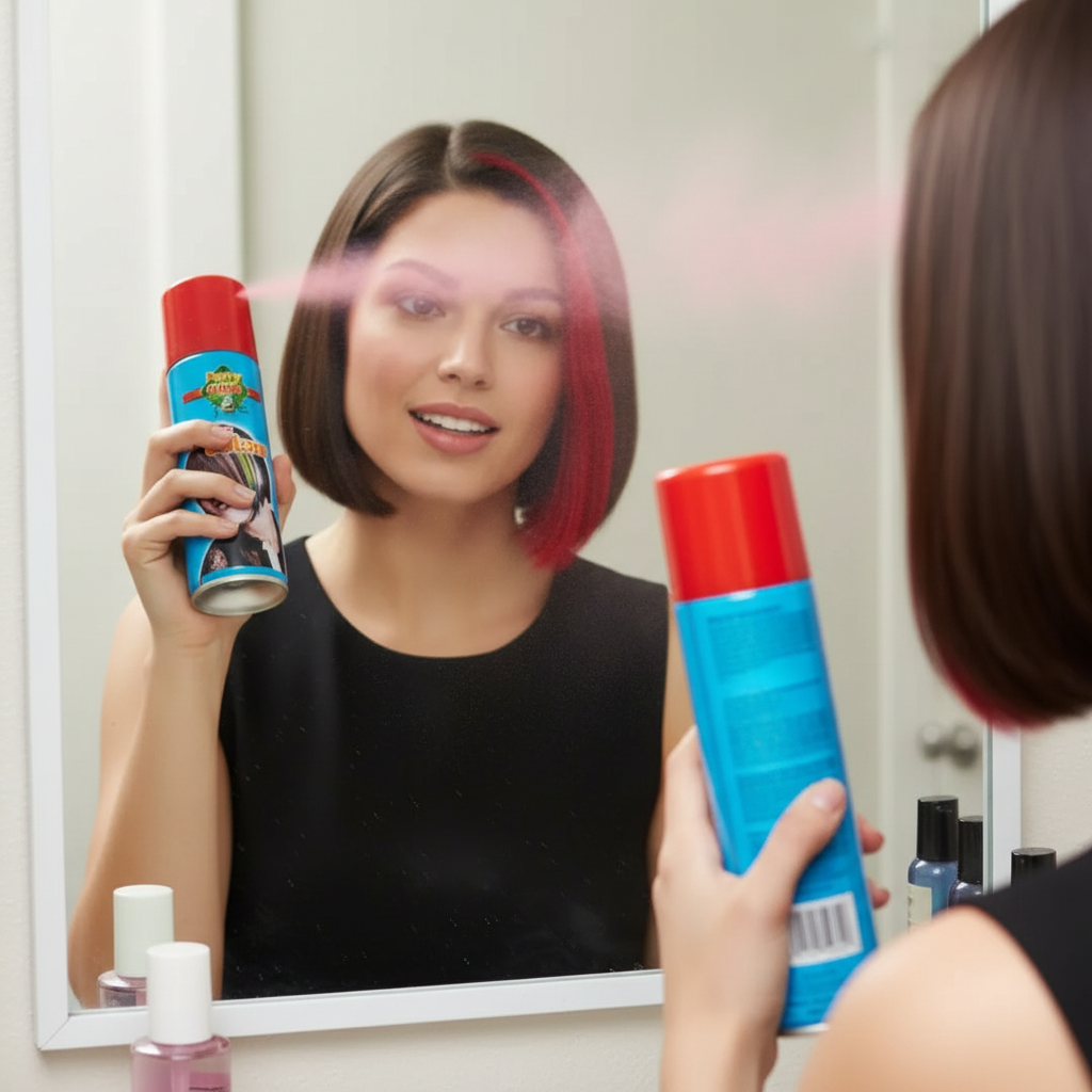 Woman applying Party Success red temporary hair colour spray - easy application for instant hair transformation