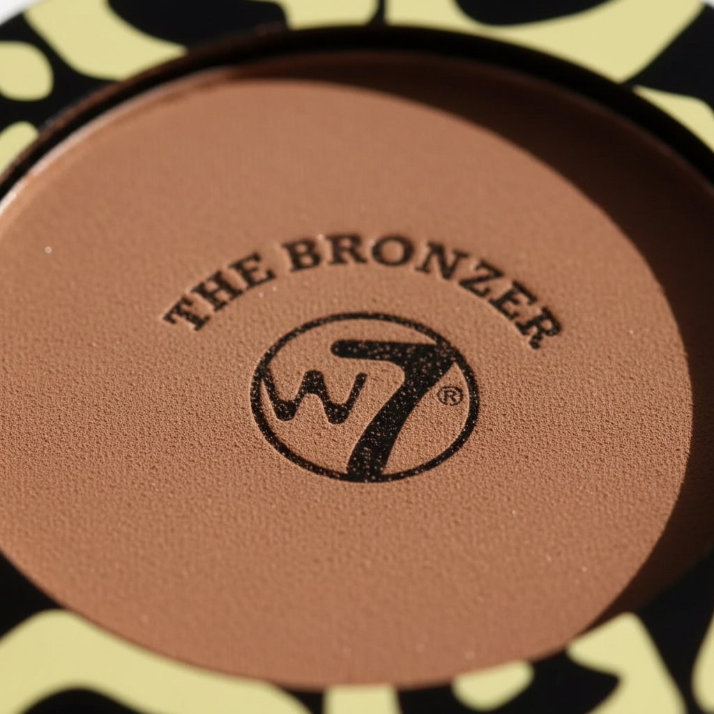Extreme macro close-up of W7 The Bronzer Matte Bronzing Powder Compact showing ultra-fine deep warm brown powder texture and embossed W7 logo detail