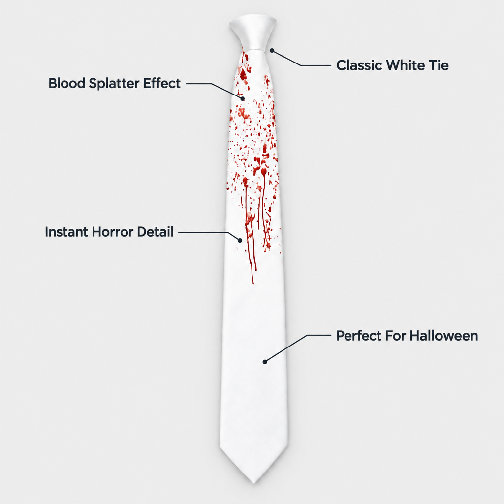Blood stained white tie infographic showing blood splatter effect, classic white tie, instant horror detail, perfect for Halloween