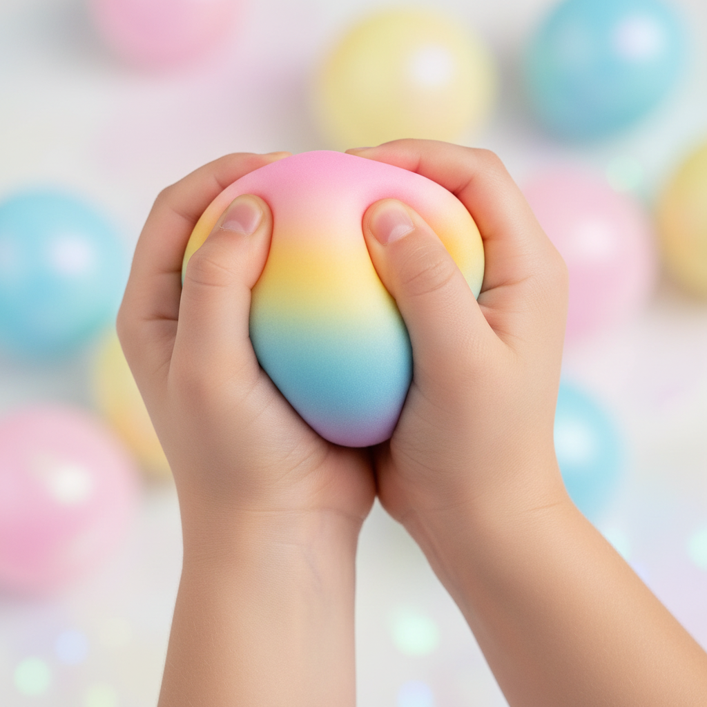 Close-up of child's hands squeezing rainbow pastel ombre Scrunchems Unicorn squish ball