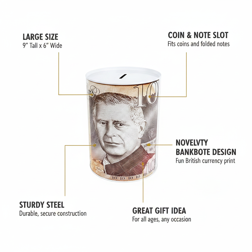 King Charles saving tin feature infographic showing large 9x6 inch size coin and note slot sturdy steel construction novelty banknote design