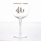 Art Deco 40th Birthday Gin Glass on pure white background, clear balloon gin glass with gold rim band and bold gold 40 numeral, Amazon hero shot