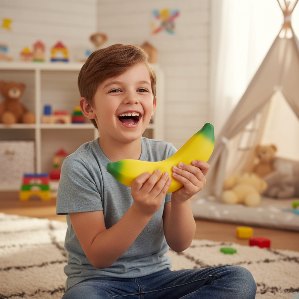 Child squeezing and squishing yellow squishy banana toy on bedroom floor laughing