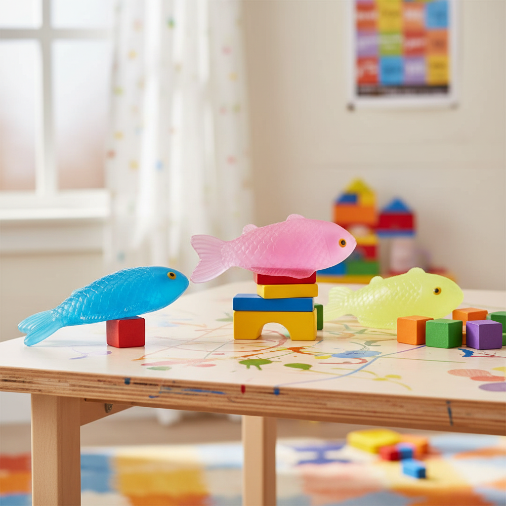 Pink, blue and yellow-green squishy fish toys arranged on a kids playroom shelf with natural window light