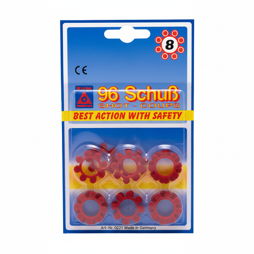 Sohni-Wicke cap gun rings blister pack on pure white background, 8 red flower-shaped cap rings, 96 shots, studio hero shot