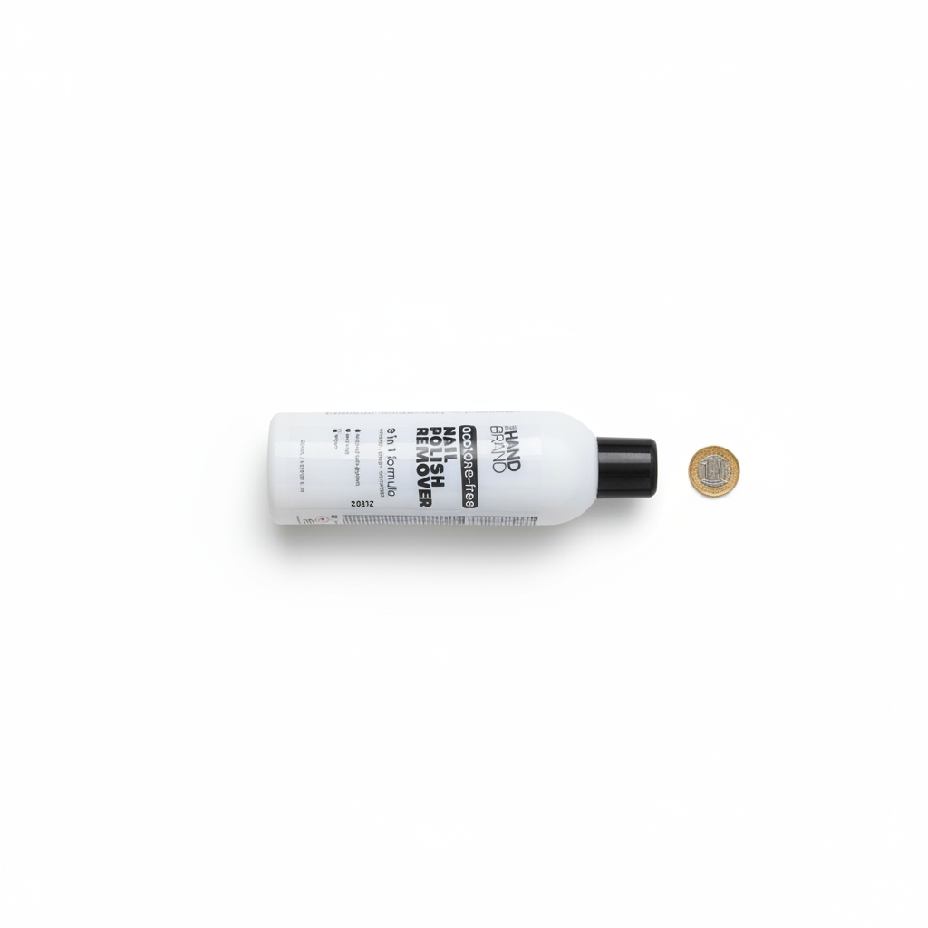The Hand Brand Acetone-Free Nail Polish Remover 250ml flat lay beside a £1 coin showing product size on white background