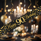 9ft Sparkling Fizz 90th Birthday Banner in black and gold holographic finish - premium party decoration