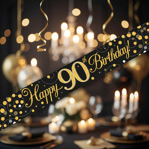 9ft Sparkling Fizz 90th Birthday Banner in black and gold holographic finish - premium party decoration