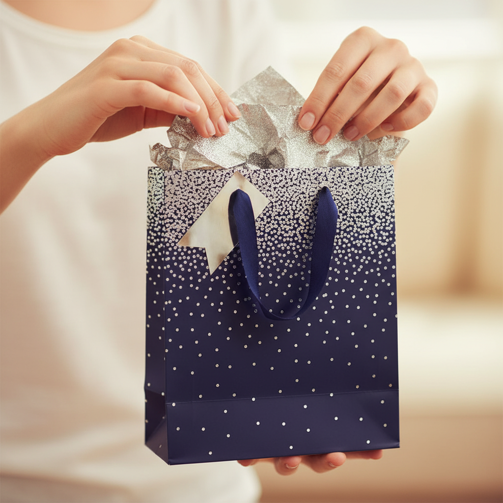 Hands placing silver tissue paper into a navy ombre gift bag with metallic silver dot pattern and navy cord handles