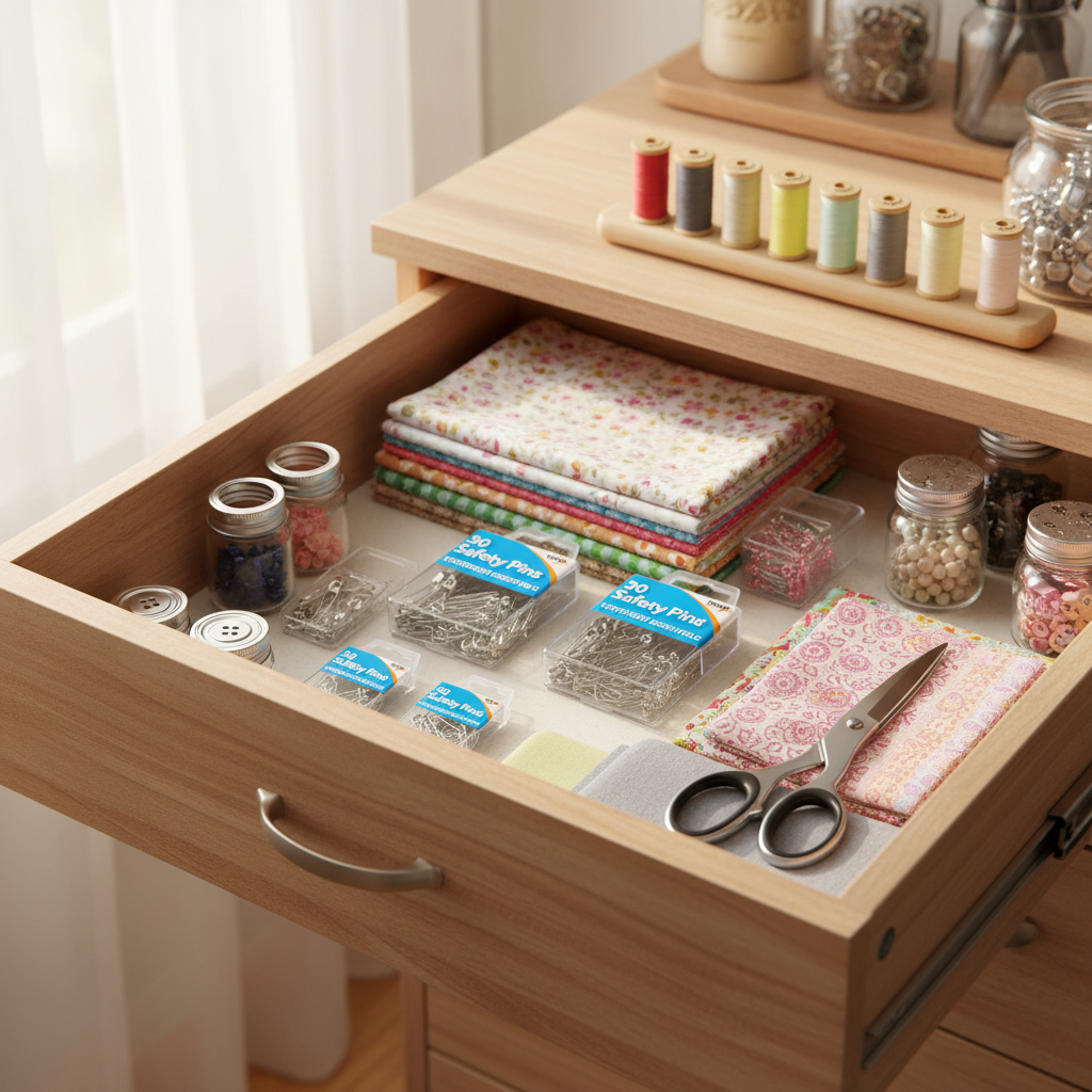 Neatly organised sewing kit with Tiger Stationery silver safety pins arranged by size — practical home organisation outcome