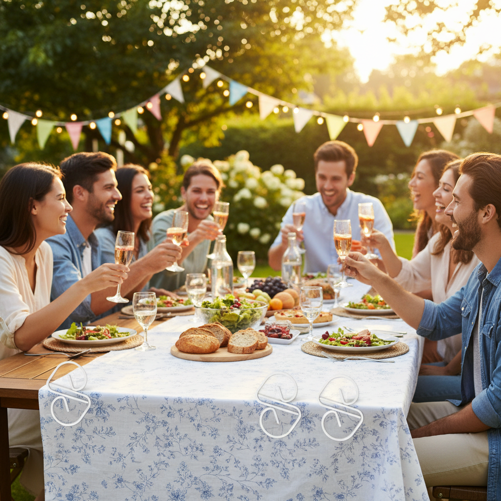 Tablecover clips holding a tablecloth in place at a sunny outdoor garden festival party