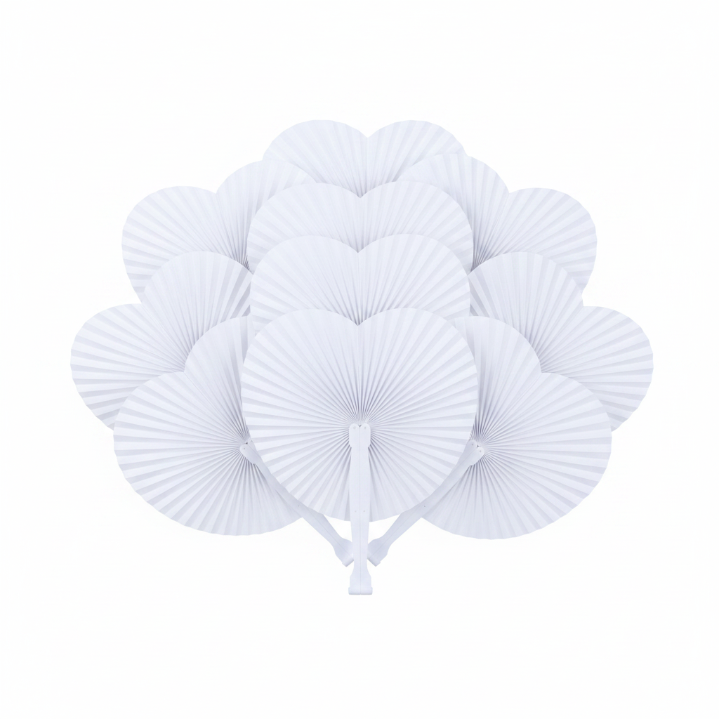 Multiple white heart paper fans arranged in a group display