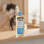 Neutrogena T/Gel 2-in-1 Anti-Dandruff Shampoo on bathroom shelf with woman washing hair in morning light