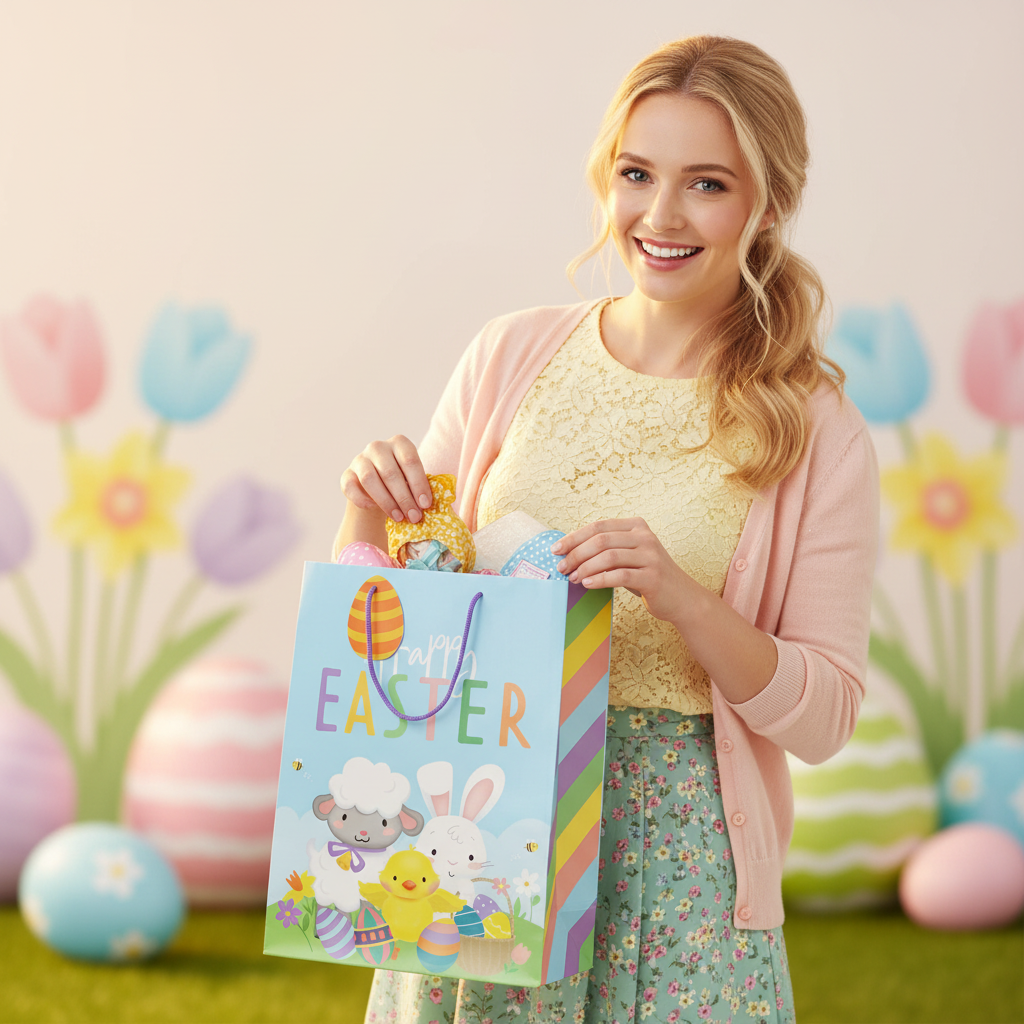 Woman placing Easter gifts into a large multi-coloured Easter Bunny gift bag - lifestyle image
