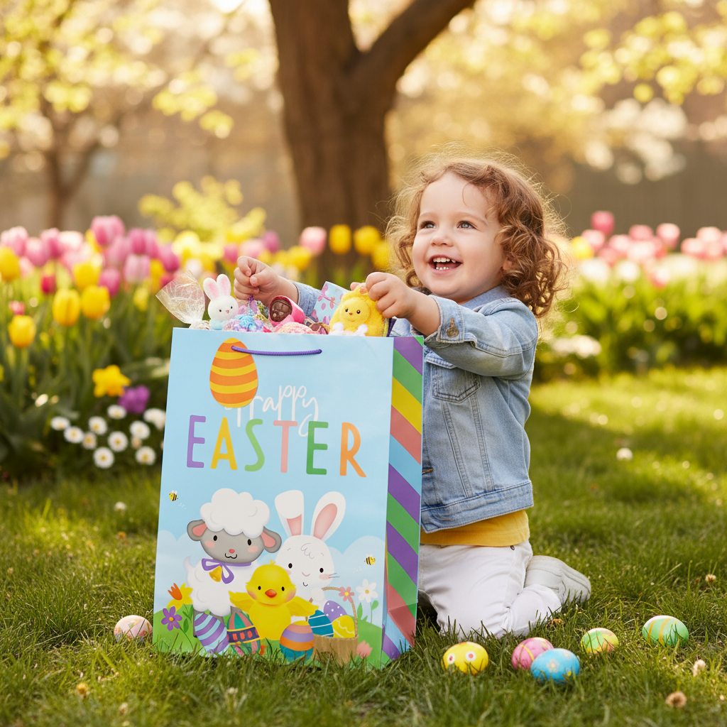 Excited child receiving a large multi-coloured Easter Bunny gift bag filled with Easter treats