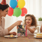 Young girl excitedly receiving a small pink floral birthday gift bag at her birthday party