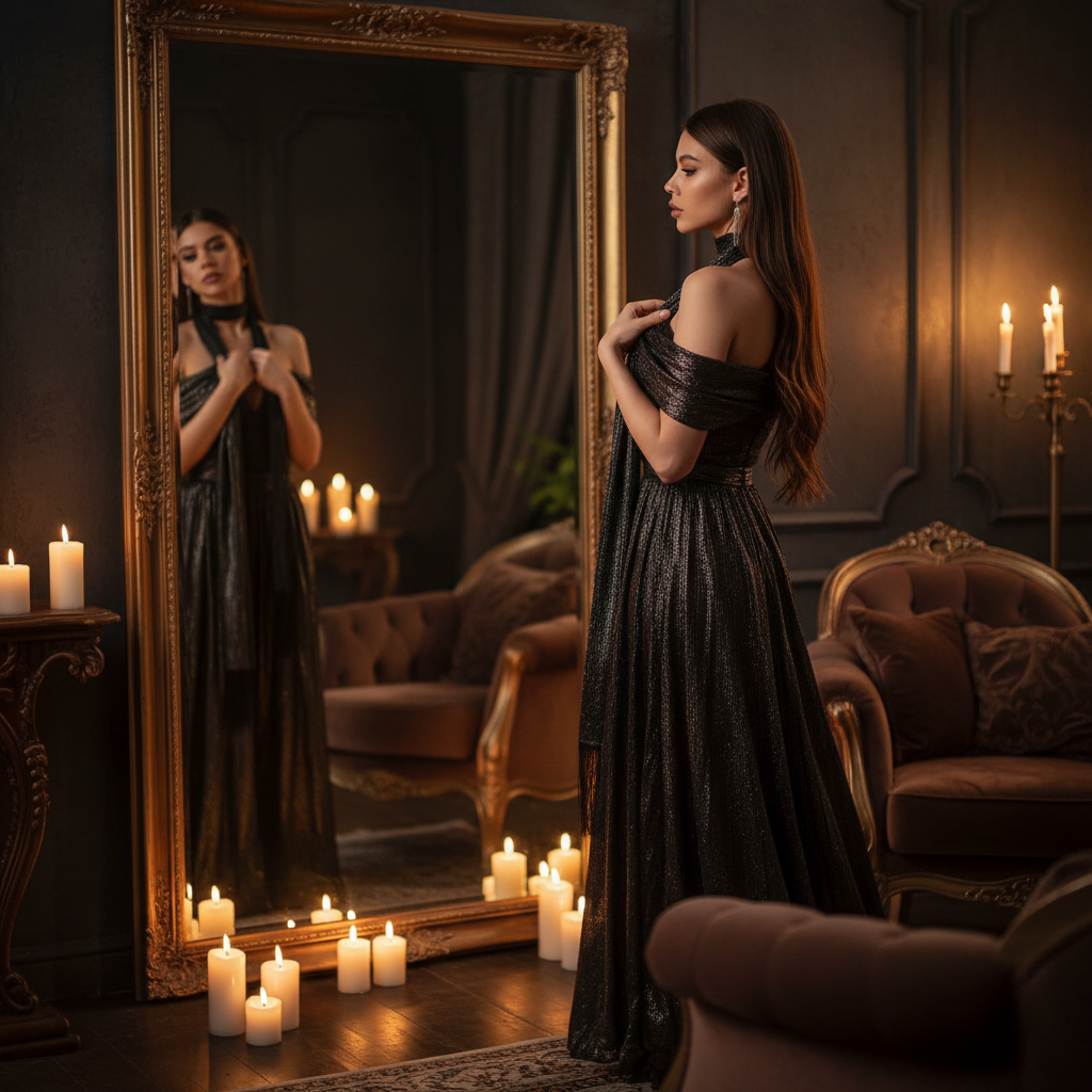 Elegant woman wrapping metallic black fringe scarf in a luxurious candlelit home interior