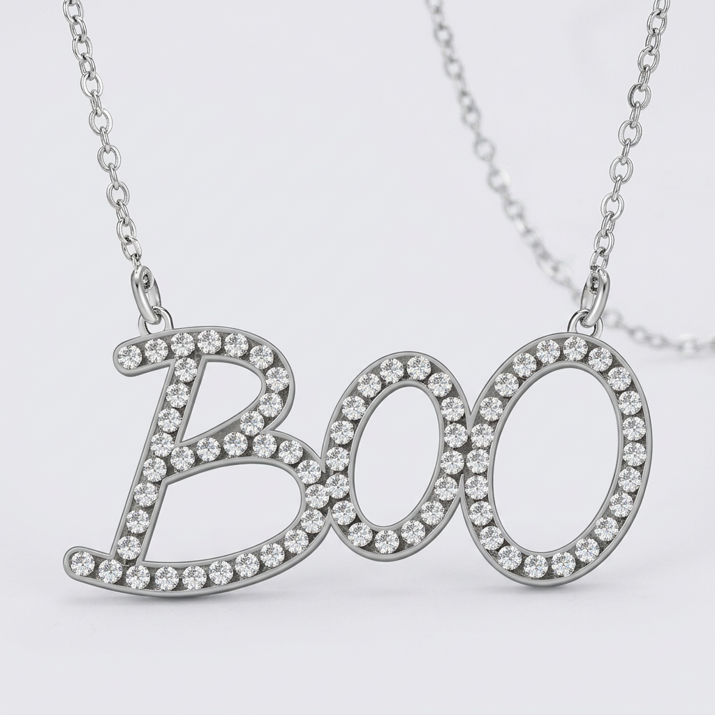 Close-up of clear decorative stones around the silver-tone BOO necklace lettering