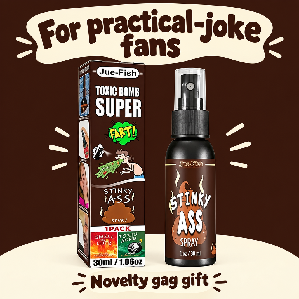 Toxic Bomb Stinky Ass bottle and box on a brown gag gift graphic for practical-joke fans.