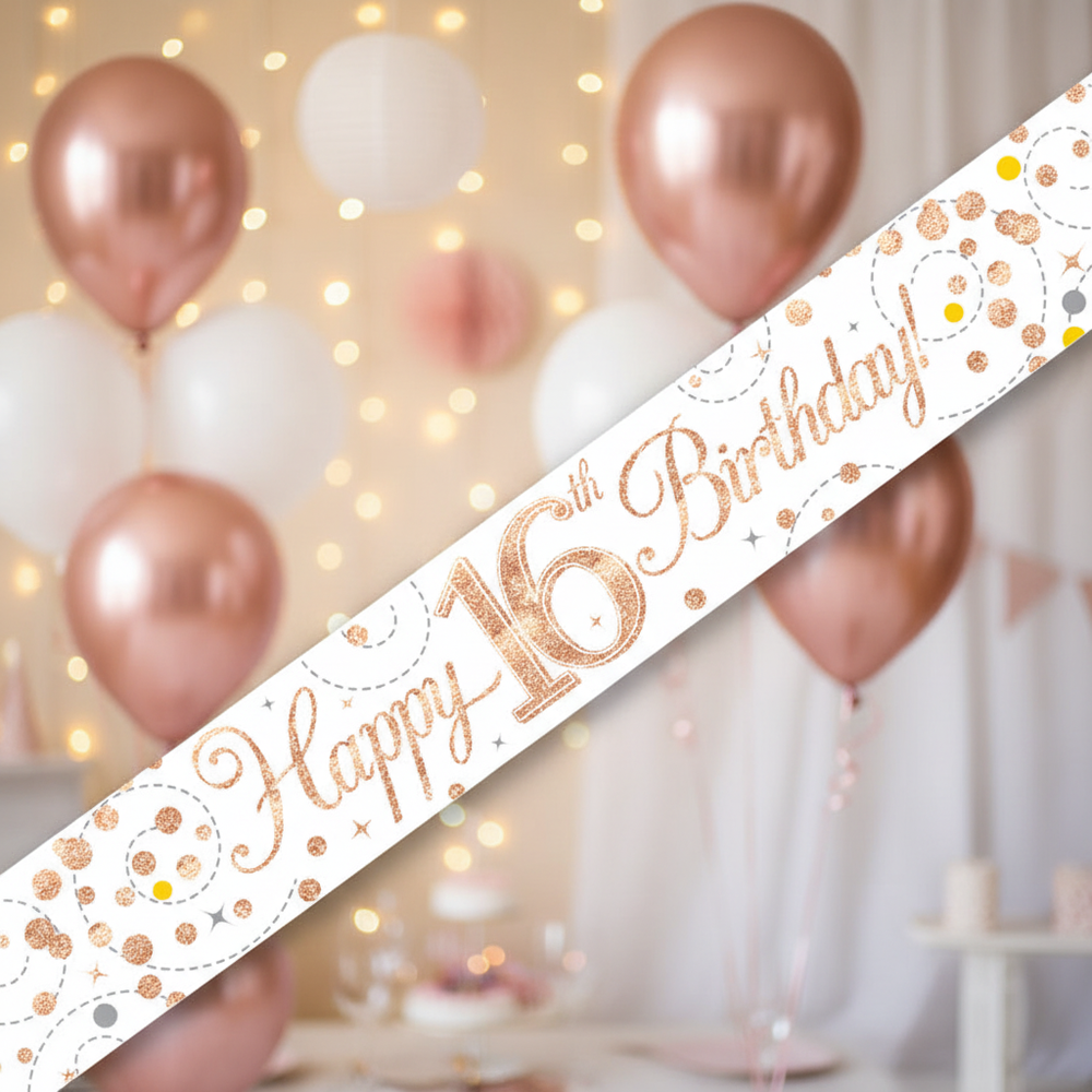 9ft Sparkling Fizz 16th Birthday Banner in white and rose gold holographic finish - main product shot
