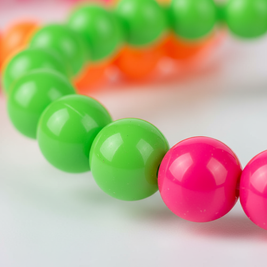 Extreme macro close-up of neon green and hot pink bead bracelet showing glossy bead texture and finish