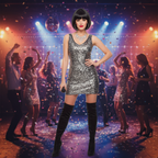 Woman wearing sleek black bob wig as part of a complete diva pop star fancy dress costume
