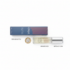 Flat lay of Taylor of London Chique 50ml perfume bottle and box beside a £1 coin for scale, white background
