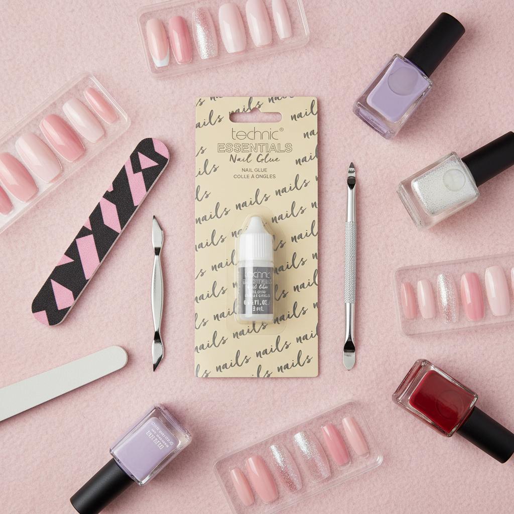 Technic Essentials nail glue flatlay with false nails and manicure tools on pink background