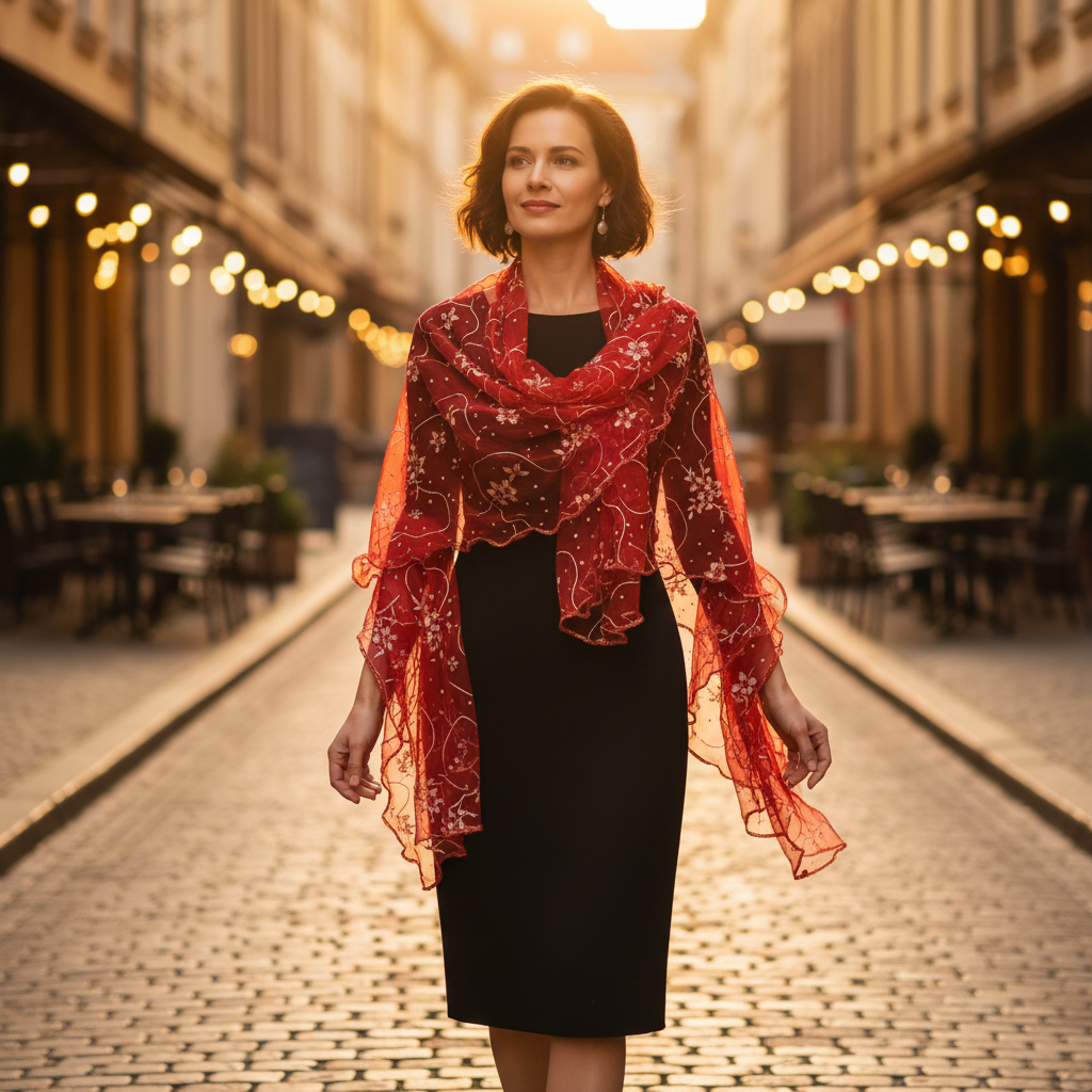 Woman wearing red sheer chiffon scarf with gold embroidery walking on European cobblestone street at golden hour