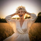 Woman with 613 Daisy platinum blonde curly messy bun laughing outdoors at golden hour, aspirational lifestyle hair accessory shot