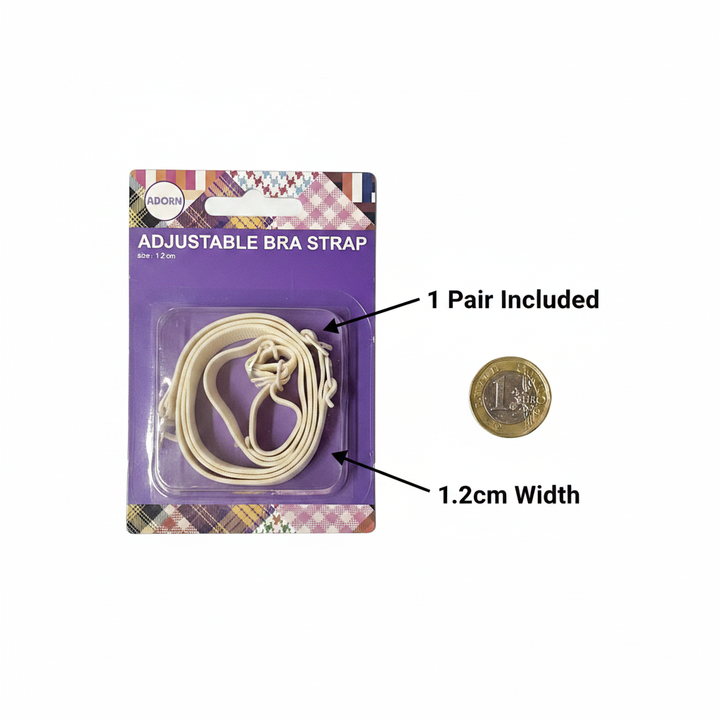 Adorn Adjustable Bra Strap pack placed beside a UK £1 coin on a white background to show product size — 1 pair included, 1.2cm width