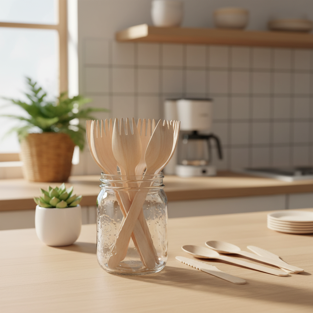 Eco birchwood wooden forks displayed in a glass jar on a cozy minimalist kitchen countertop